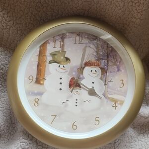 Christmas Carol Clock, Holiday, Festive, Gold, Musical Snowman Family Wall Clock
